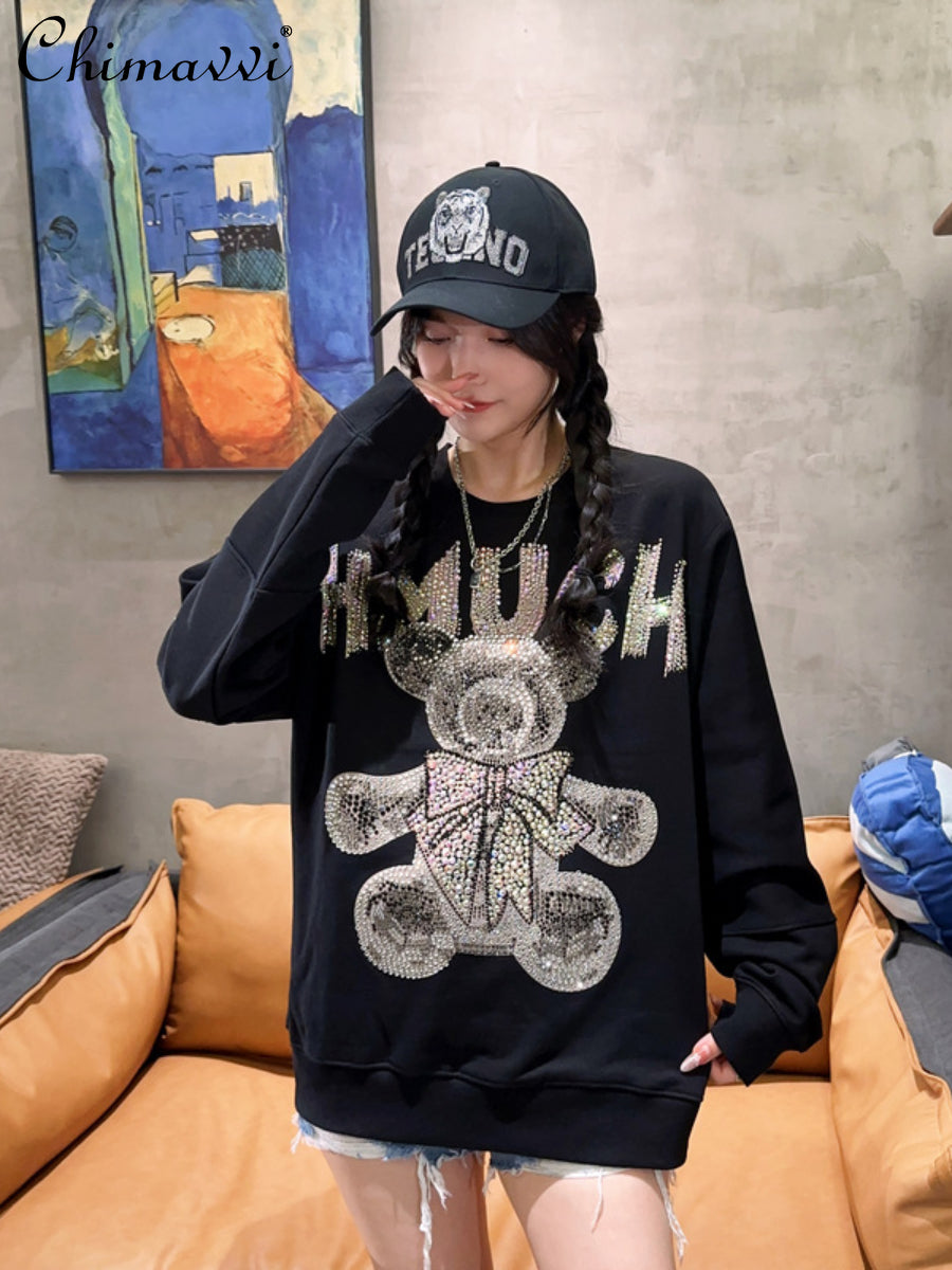 Light Luxury Rhinestone Bear Sweatshirt for Women
